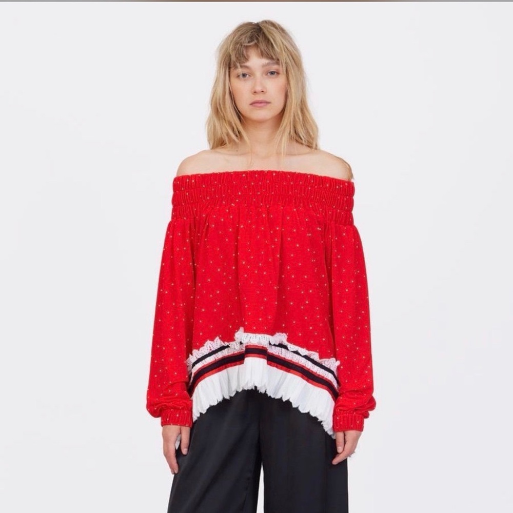 Julia Allert Polka Dot Red Off-Shoulder Peasant Top with Ruffle Trim